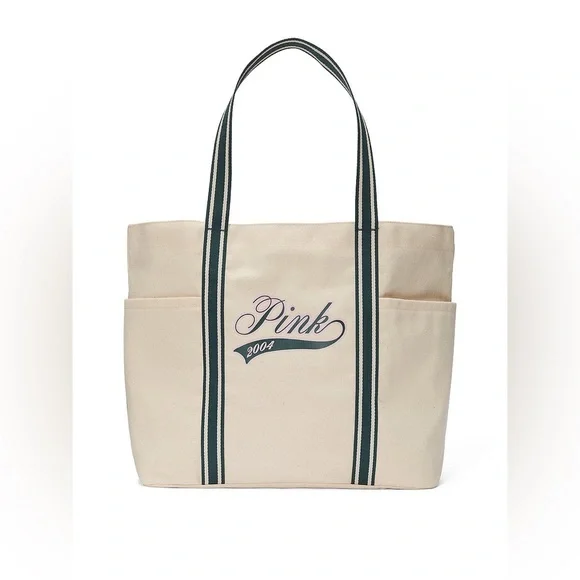 Victoria's Secret PINK Logo Canvas Tote Bag Side Pockets New 2004! - Picture 2 of 12
